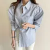 Korejpaa Women Shirt Summer Korean Chic Simple Versatile Lapel Loose Casual Pocket Long Sleeve Milk Soft Striped Blouses 210526