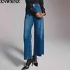 XNWMNZ Za Damenmode Premium Marine Straight Jeans Vintage aufgesetzte Taschen Nahtlose Säume Hohe Taille Reißverschluss Knopf Denim Weiblich 210322