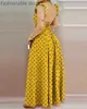 Kobiety Lato Ruffles Polka Dot Drukuj V Neck Lace-Up Open Back Side Slit High Waist Maxi Dress Y0726