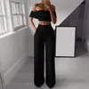 Neon Women Set Fashion Green White Black Cold Shoulder Ruffle Shirt Button Zipper Wide Leg Pant Suit 2020 Dropshipping X0428