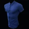 Mode d'été chemise à manches courtes hommes Super Slim Fit mâle décontracté affaires sociales robe chemise marque hommes Fitness vêtements de sport 220303