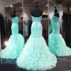 Einzigartige himmelblaue Meerjungfrau-Abschlussballkleider mit langen Applikationen und Rüschen, rückenfrei, Abendkleid, Partykleid, Robe De Soiree