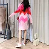 PERHAPS U Women Knitted Turtleneck Long Sleeve Pink Red Patchwork Knee Length Dress Casual Straight Autumn Winter D0827 210529