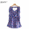 Zevity Kvinnor Elegant V Neck Blomma Tryck Knuten Slank Mini Klänning Kvinna Sexig Backless En Linje Vestidos Chic Party Dresses DS4432 210603