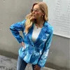 Tie-dye velours côtelé bleu blazer vestes femmes automne hiver simple boutonnage streetstyle poches veste hauts 210427