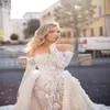 2021 Sexy Luxus-Meerjungfrau-Brautkleider, schulterfrei, transparent, Illusion, abnehmbare Schleppe, Überröcke, Tüll, abgestuft, applizierte Spitze, lange Ärmel, individuell