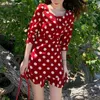 Red Polka Dot Slash Neck 3/4 Sleeve Short Mini Dress Vintage Summer Beach Vocation Women Female Elegant Retro D1604 210514