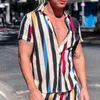 男性のカジュアルシャツヨーロッパ版の長袖シャツイギリス風の青少年ファッション3Dデジタルストライププリントスリムフィットラペル
