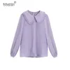 Kvinnor Mode Back Ruched Loose Blouses Sweet Peter Pan Collar Långärmad T-shirts T-shirts Tjejer Chic Toppar 210520