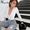 Missakso Low Cut Screenny Bodysuit Женщины Сексуальная Весна Осень Осень Праздничная Улица Улавная Одиночная Универсальная Борьба с длинным рукавом Черный Белый Ромпер 210625