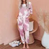 Jesień Zima Loungewear Kobiety Piżama Zestaw Krawat Dye Nosić Homewear Z Długim Rękawem Sleepwear 210809