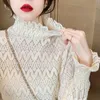 Women's Blouses Women's & Shirts S-XL Korean 2022 Vintage Floral Crochet White Lace Blouse Women Tops Turtleneck Flared Long Sleeves