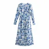 Kleid Blau Blumen Lang Damen Elegant Quadratischer Ausschnitt Ärmel Midi Damen Seitenschlitz Vintage ES 210519