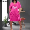 Fashion Casual Dress Loose Letter Print V-neck Knee-Length Dresses Women Pocket Sale Short Sleeve Vestido De Mulher 210513