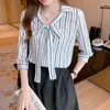 Sommerstreifen Damen Kurzarmhemd Damen Schleife Knopfhemd Mode Revers Damen koreanische Mode 210507