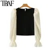 Women Fashion Patchwork Cropped Knitted Blouses Vintage Puff Sleeve Back Bow Tied Female Shirts Chic Tops 210507