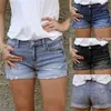 Vintage Ripped Hole Fringe Blå Denim Shorts Kvinnor Casual Button Pocket Jeans Style 210621