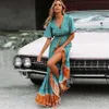 Teelynn Maxi Jurken voor Dames Rayon Blue Floral Print Sexy Deep V-NCEK Boho Zomerjurken Losse Hippie Lange Drvestidos X0621