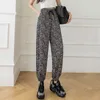 Surmiitro verão moda longa harem calças mulheres estilo coreano preto chiffon imprimir cintura alta torto cinzento calças feminina 210712