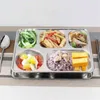 Roestvrijstalen plaat voedselcontainers dienblad met compartimenten Sliver Bento Lunchboxen met deksel voor kantine Restaurant Servies 211108