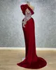 2022 Plus Size Arabo Aso Ebi Borgogna Elegante Guaina Prom Dresses Pizzo In Rilievo Raso Sera Formale Festa Secondo Ricevimento Abiti Abito ZJ274