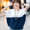 T Shirt Women 2020 Tshirt Vintage Summer Short Sleeve pactchwork color plus size cotton T-shirt Batwing Ropa Mujer WBX5849 X0628