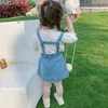 Kids Set Оптовая летняя мода девушки корейский с коротким рукавом кружева белая рубашка с джинсовым ремешком юбка детские праздник подарки