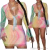 Robe en mailles sexy pour femmes imprimées à manches longues évasées Bodycon Mini jupes 2 tenues de deux pièces Set Streetwear Nightclub Cablub4605118