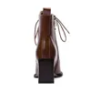 Korta stövlar Kvinnor Skor Äkta Läder Tjock Heels Ankel Square Toe Lace Up Zip High Heel Lady Autumn Brown 210517