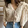 Nomikuma 3D Floral Bordado Mulheres Blusa Coreano Chic Laço Laço Blusas Nova Suff Manve V-Decote em V Camisas Mujer 6D531 210427