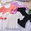 Estilo coreano Slow Sleeve Meninas Princesa Blusas Pure Color Bonito Crianças Tops Verão Crianças Plissadas Camisas Bebê Roupas 210515