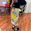 Beige Letter Smiley Graffiti Print Midi Long Skirt Casual Empire Pencil S0301 210514