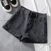 Mulheres streetwear bolso largo perna azul denim shorts verão casual feminino solto cintura alta calça jeans 210430