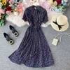 Vintage Ruffles Floral Chiffon Print Dress Summer Bow Party Midi Long Women High Waist Pleated Beach Elegant es 210430