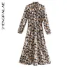 Shengpllae Digital Leopard Print High-Waisted Dress Women's Spring Lace Up Hollow Out Långärmad Maxi Klänningar 5A722 210427