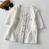 半袖ブラウスの女性エレガントなシングルブレストスリムシャツ韓国の正方形の襟ブラスズビンテージ気質ホワイトトップ210519