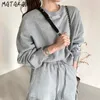 MATAKAWA Round Neck Long-sleeved Loose Plus Fleece Sweatshet High Waist Drawstring Workwear Casual Pants 2 Piece Set Women 210513