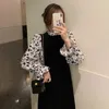 Французская бархатное черное цветочное платье зима с длинным рукавом Женщины шить дизайнер Корейский леди вечеринка MIDI 210604