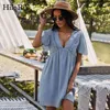 Summer Women Chic V Neck Koronki Szyfonowa Dress Dot Haft Boho Beach Flare Z Krótkim Rękawem Ruffles Mini ES 210508