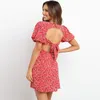 Women Dress V Neck Short Sleeve Print Bohemia es Sexy Floral Mini Backless Lace Up Summer es 210524