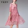 VKBN大型サマードレス女性Vネックハーフスリーブシフォン花柄プリントプラスサイズの女性ドレスファッション210507