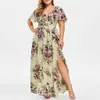 Summer Women's Dress 2021 Plus Size Casual Fat Waist Print Hem Slit V-Neck Short Sleeve Chiffon Dress Large Size 5XL For Party X0521