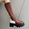 Fashion-platform patchwork fashion women 2022 lastic knee high boots round toe real leather 6cm