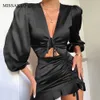 Missakso Kadınlar Mini Dantelli Elbise Parti Yay Tied Hollow Out Uzun Kollu Lace Up Bahar Sonbahar Seksi Fırfır Elbise Siyah 210625