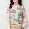T-shirt femme haut en soie manches courtes rétro imprimé 2021 été tempérament côtelé demi-manches mûrier