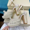 Sandalo europeo e americano scarpe da sposa femminili alla moda estate perle perline comode tacco spesso bocca di pesce piattaforma impermeabile odio la punta alta del cielo