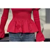 Camicetta rossa da donna primavera manica a sbuffo colletto quadrato stile coreano camicie casual eleganti top selvaggi 210520