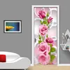 2 Sztuk / zestaw 3D Rose Flower Creative Drzwi Naklejki DIY Fototapeta Sypialnia Wystrój Domu Plakat PVC Wodoodporna Naklejka Drzwi Tapeta 210317