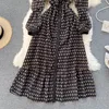 LoveFlowerLife Frühling Streetwear Rüschen Frauen Retro Print Kleid Koreanische Turndown-Kragen Langarm Taste A-linie Kleider 210521