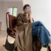女性ロングPUレザートレンチコートブラックブラウンサッシルーズファックスコートジャケットファッション服良い品質210608